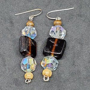 Wood and Glass Bead Hook Earrings Handmade Style 2